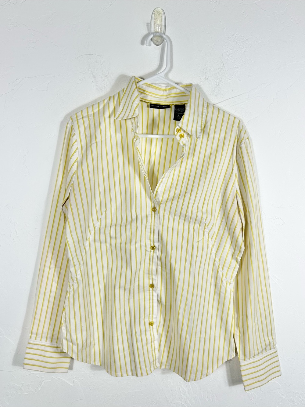 New York & Company Stretch Blouse Large White Yellow Striped Button Down Shirt L
